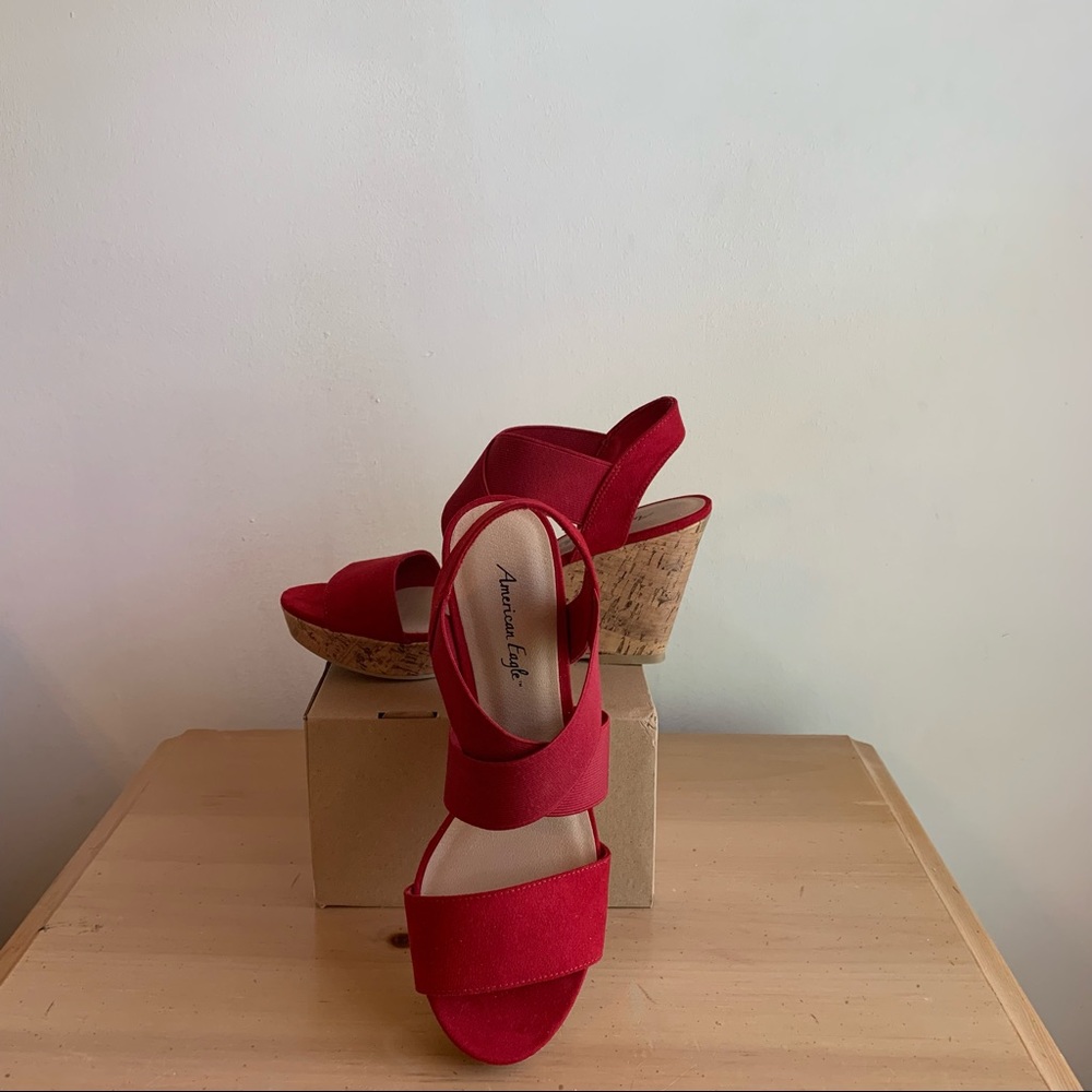Red sandals with cork wedges